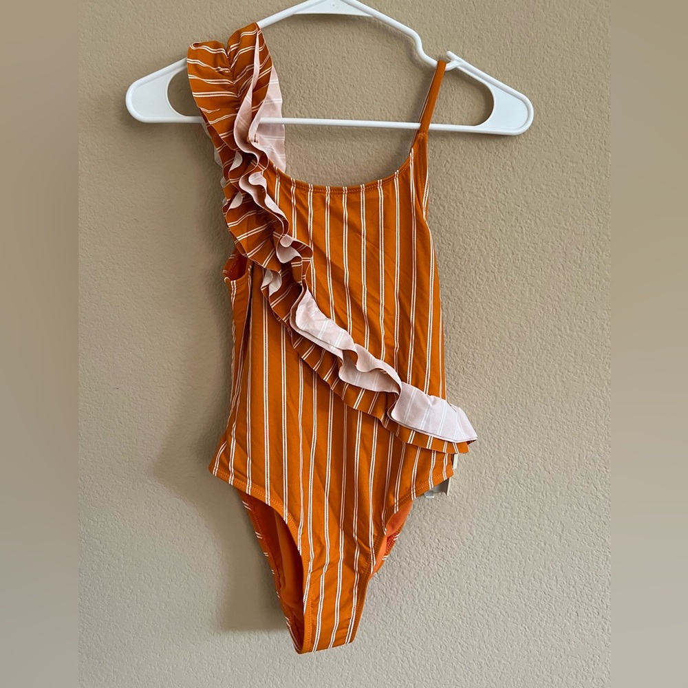 NWT - HABITUAL KIDS Orange Stripe Cascading Ruffle One Piece Swimsuit, 12